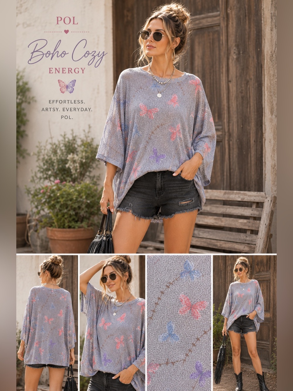 POL Butterfly Open Knit Blouse Top Lightweight 3/4 Sleeve NIP-Gray A21